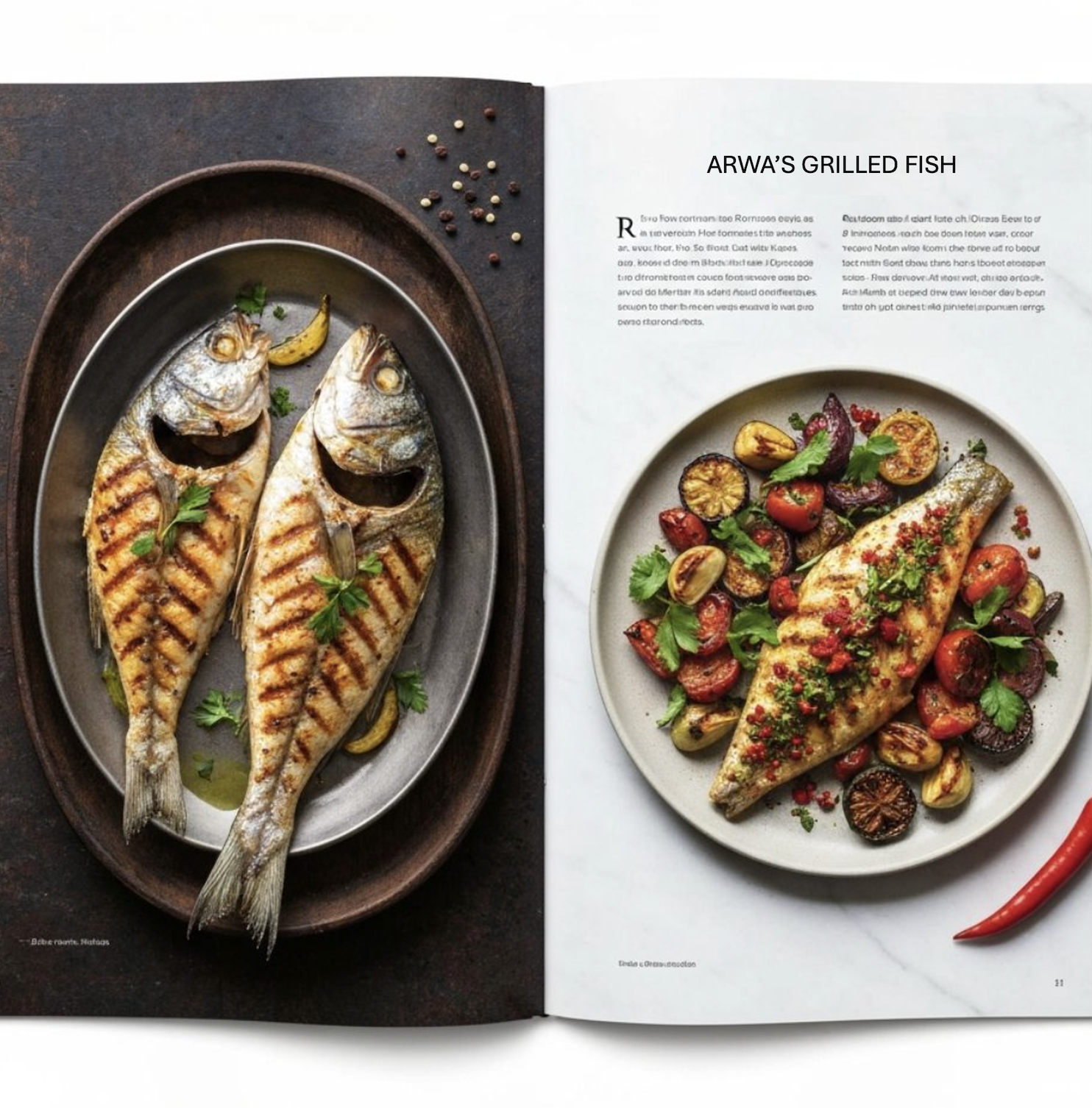 Open cookbook showing traditional Portuguese grilled fish and Arwa's fusion version with Middle Eastern spices