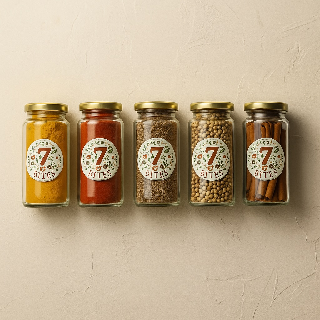 Seven Bites branded spice jars with turmeric, paprika, cumin, peppercorns, and cinnamon