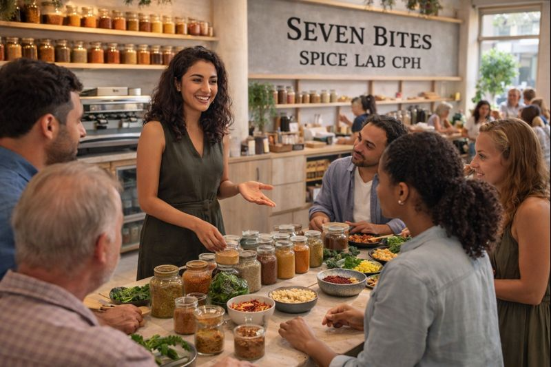 Seven Bites Spice Lab CPH workshop with instructor and participants learning about spices